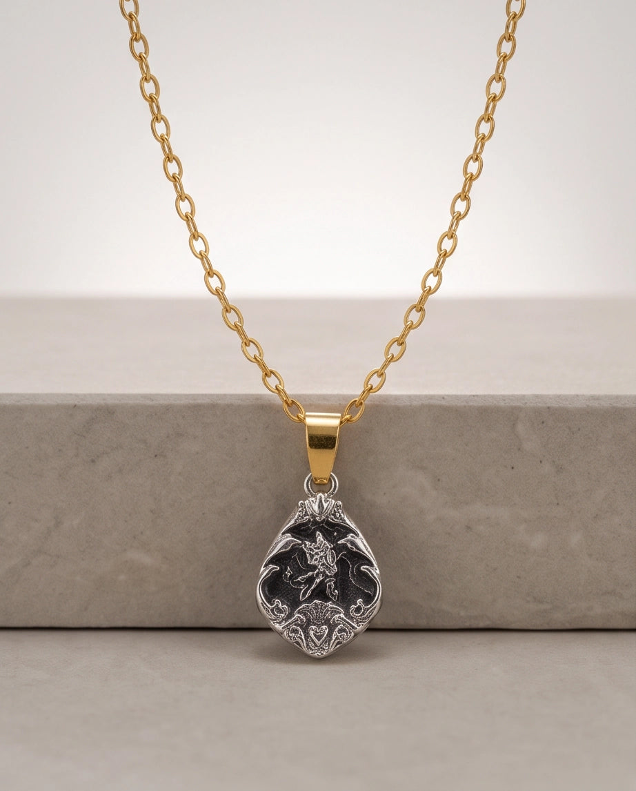 Silver Vintage Cherub Black Enamel Teardrop Pendant Necklace