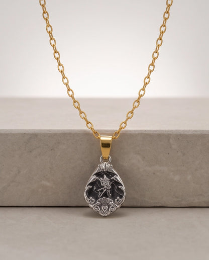 Silver Vintage Cherub Black Enamel Teardrop Pendant Necklace