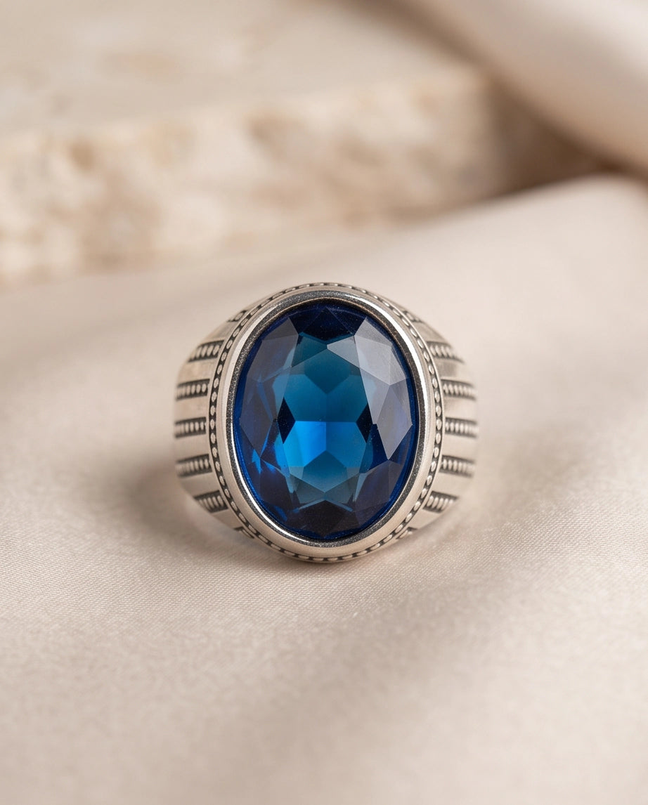 Sapphire Gemstone Beaded Surround Vertical Ribbed Silver Ring
