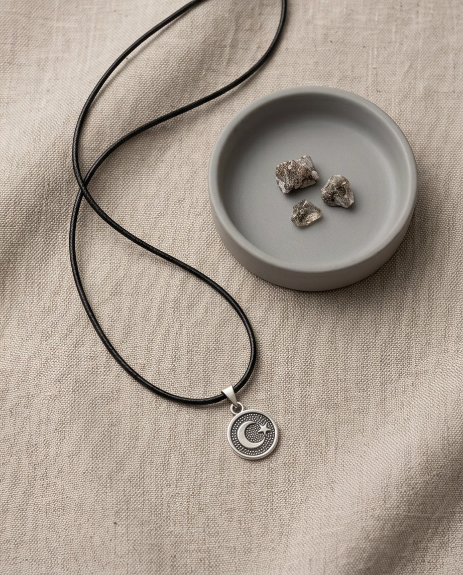Silver Crescent Moon and Star Necklace