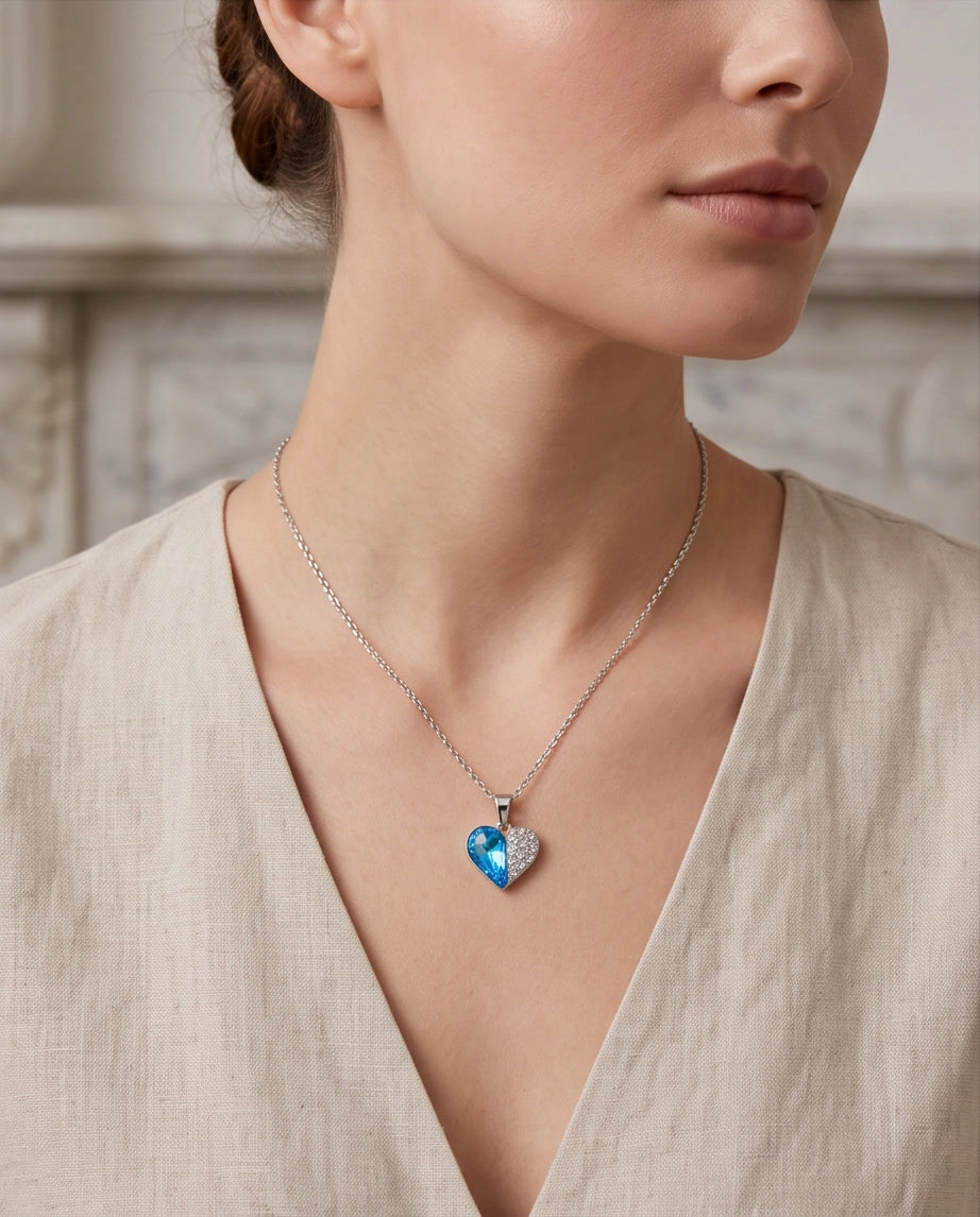 Silver Aquamarine Heart Pavé Pendant Necklace