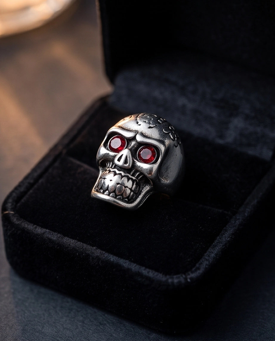 Red-Eyed Carved Crown Skull Ring
