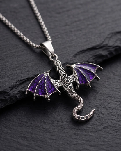 Silver Purple Enamel Dragon Wyvern Pendant Necklace