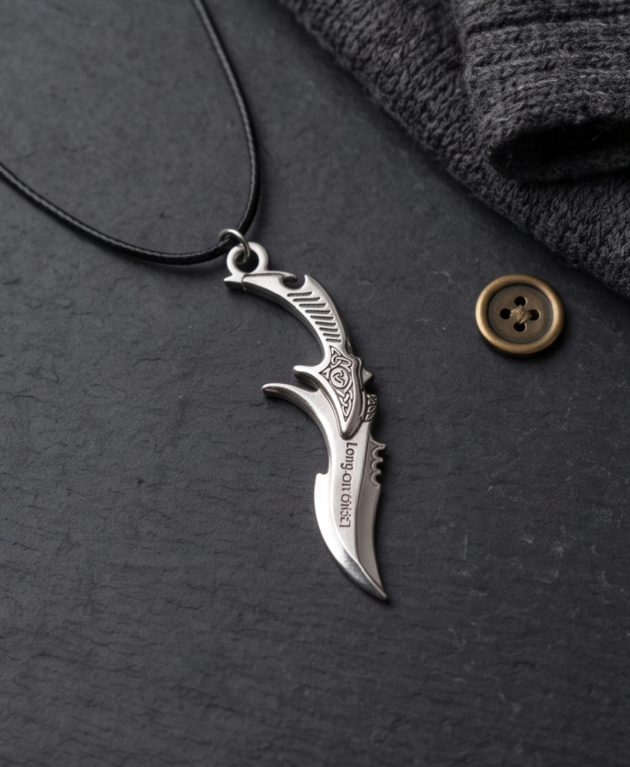 Engraved Silver Curved Dagger Cord Necklace