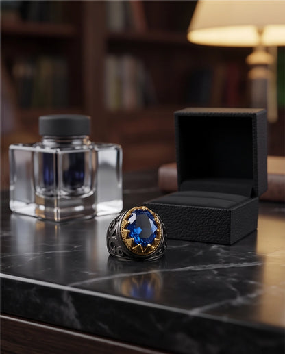 Royal Sapphire Crowned Filigree Signet Ring
