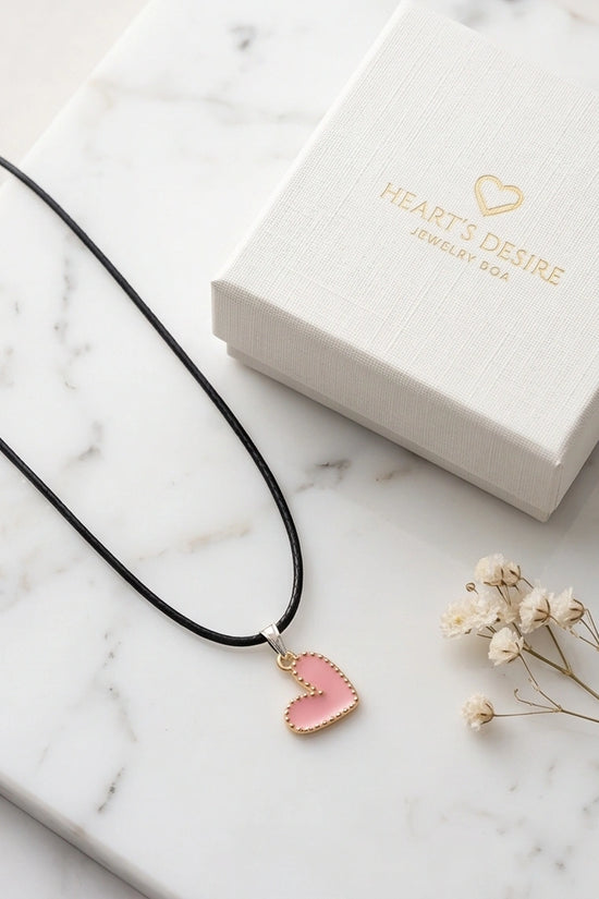 Pink Beaded-Edge Heart Enamel Pendant Necklace
