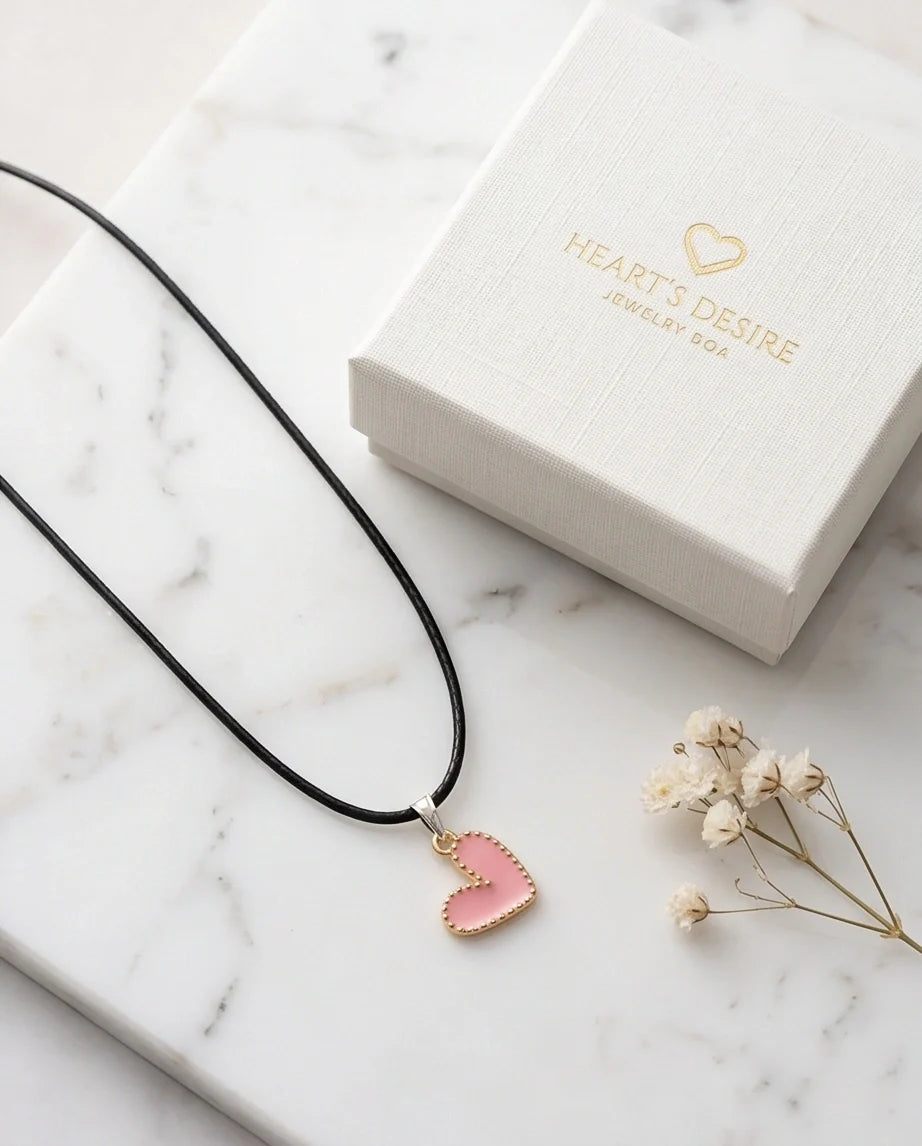 Pink Beaded-Edge Heart Enamel Pendant Necklace