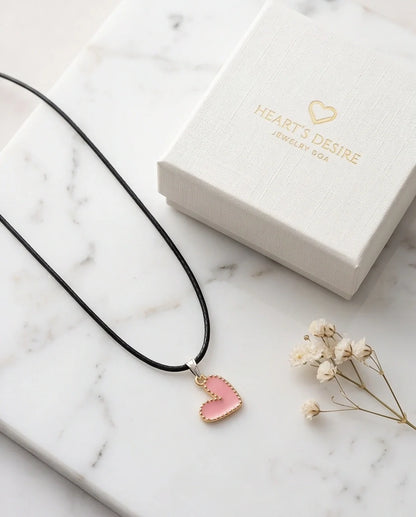 Pink Beaded-Edge Heart Enamel Pendant Necklace