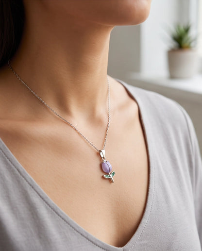 Silver Purple Enamel Tulip Pendant Necklace