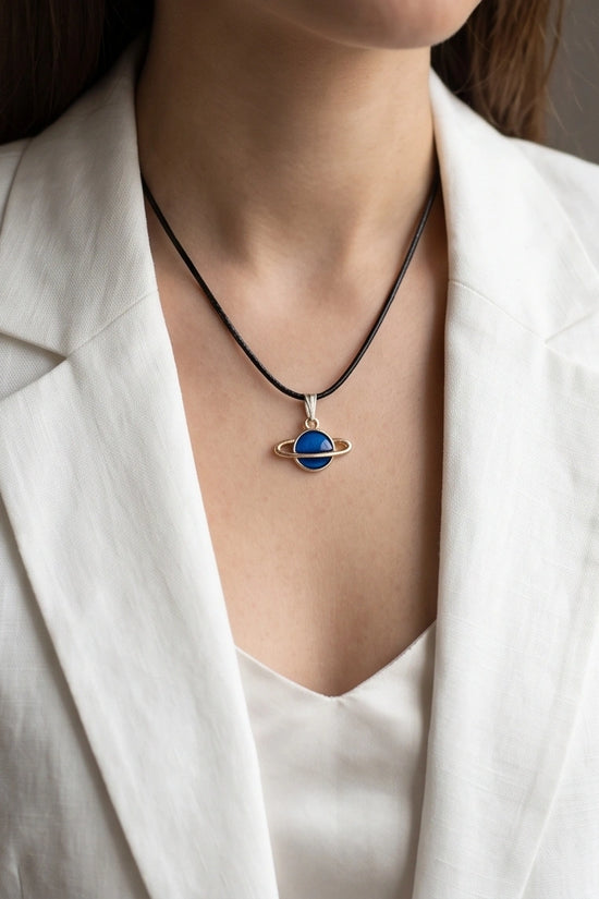Vibrant Blue Saturn Planet Pendant