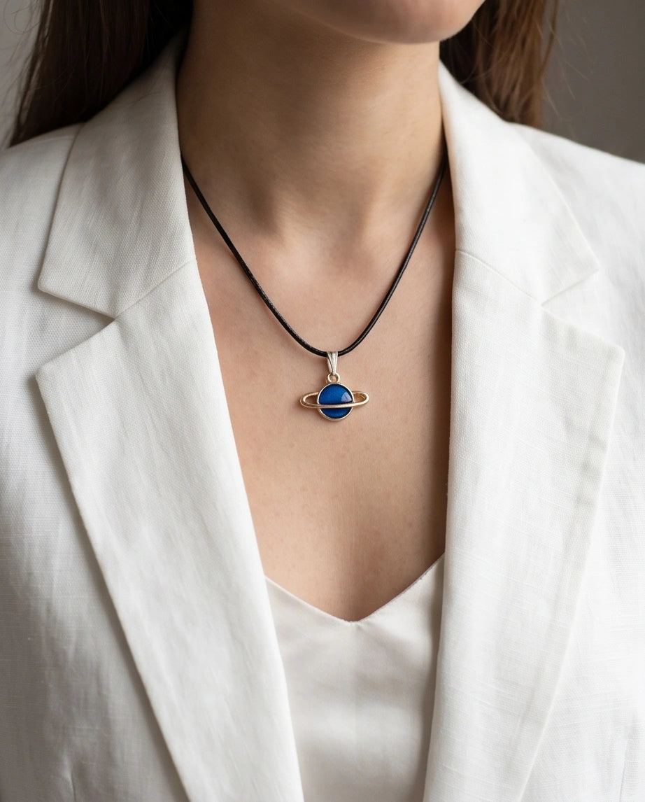 Vibrant Blue Saturn Planet Pendant
