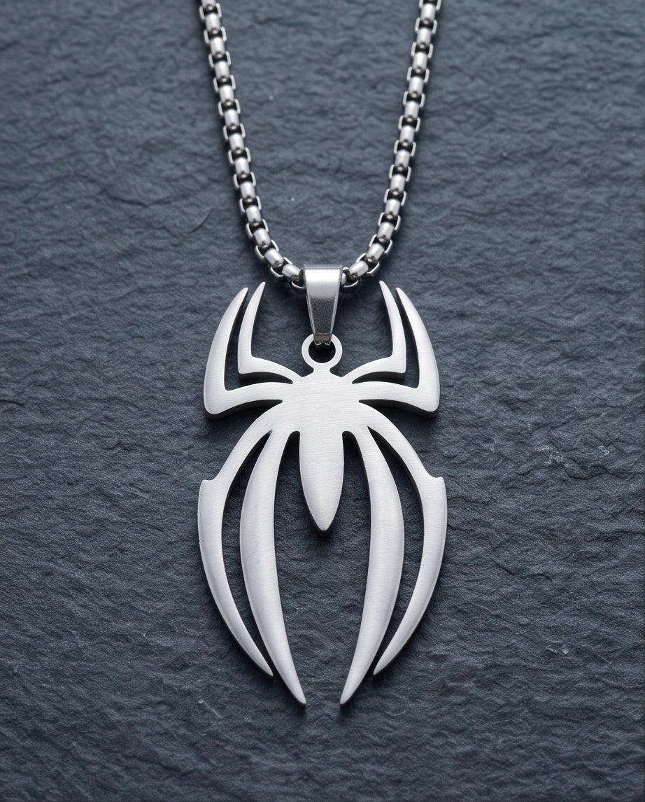 Silver Tribal Spider Emblem Pendant Necklace