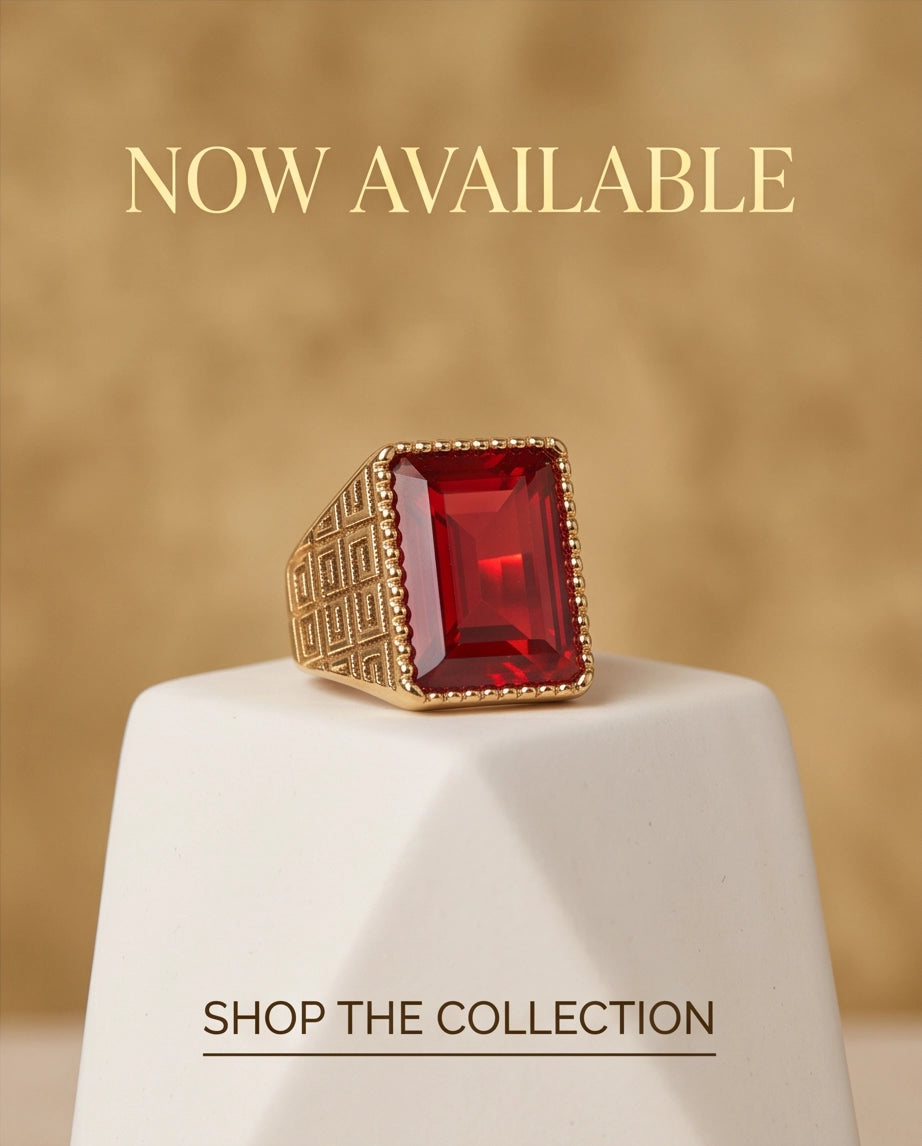 Ruby Red Emerald-Cut Gemstone Beaded Bezel Greek Key Gold Ring