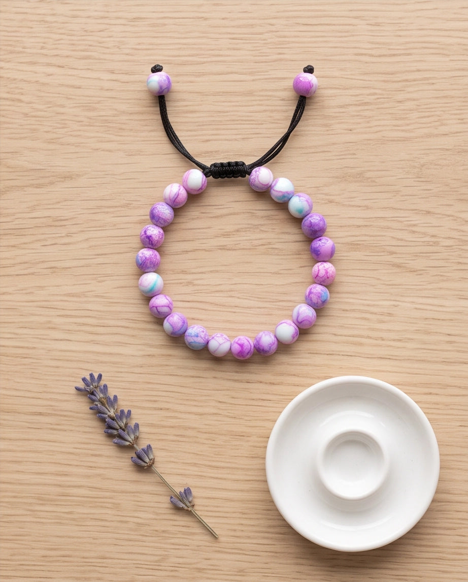 Purple & Teal Marbled Swirl Beaded Adjustable Macrame Bracelet