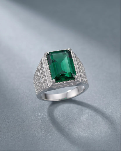 Emerald Green Emerald-Cut Gemstone Stippled Halo Silver Ring