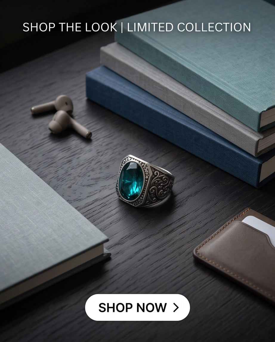Teal Gemstone Octagonal Bezel Scrollwork Silver Ring