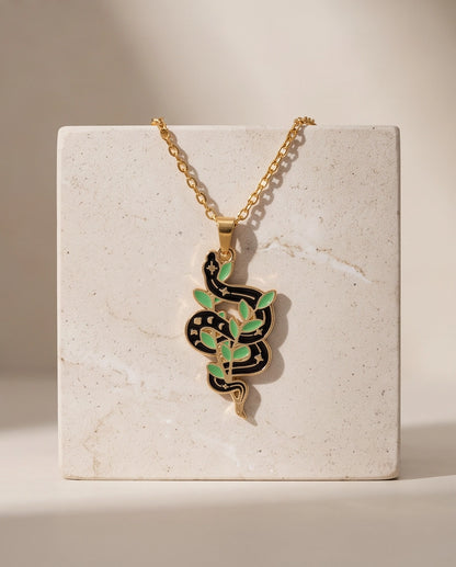 Gold Botanical Snake Enamel Pendant Necklace