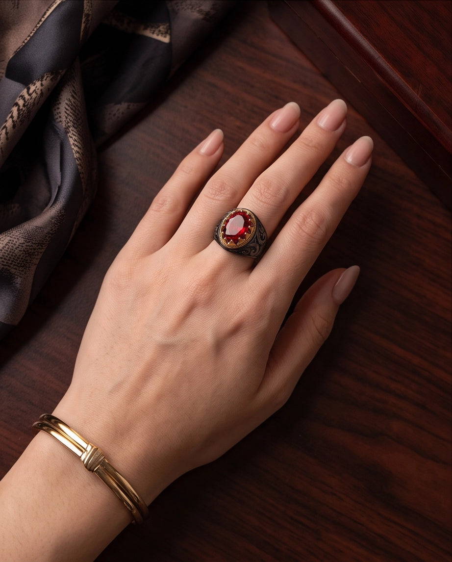 Celestial Crimson Sunburst Signet Ring