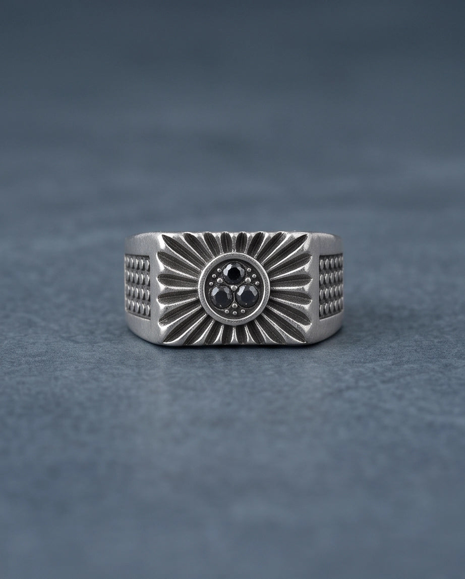 Celestial Sunburst Dark-Triple-Crystal Stippled Band Silver Ring