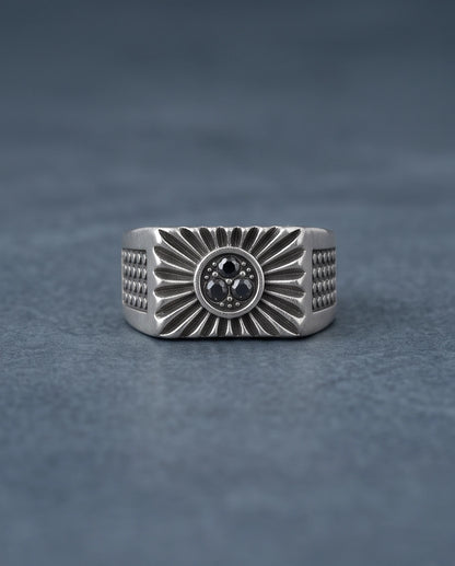 Celestial Sunburst Dark-Triple-Crystal Stippled Band Silver Ring