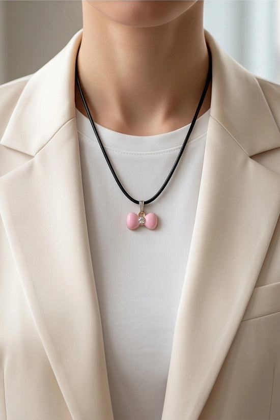 Charming Pink Bowknot Enamel Pendant Necklace with Crystal Center