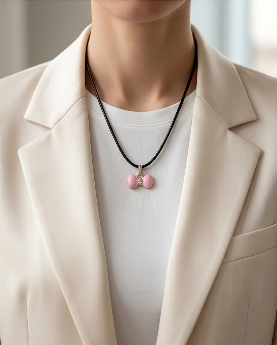 Charming Pink Bowknot Enamel Pendant Necklace with Crystal Center