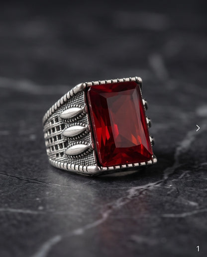Oxidized Silver Emerald-Cut Garnet Textured Signet Ring