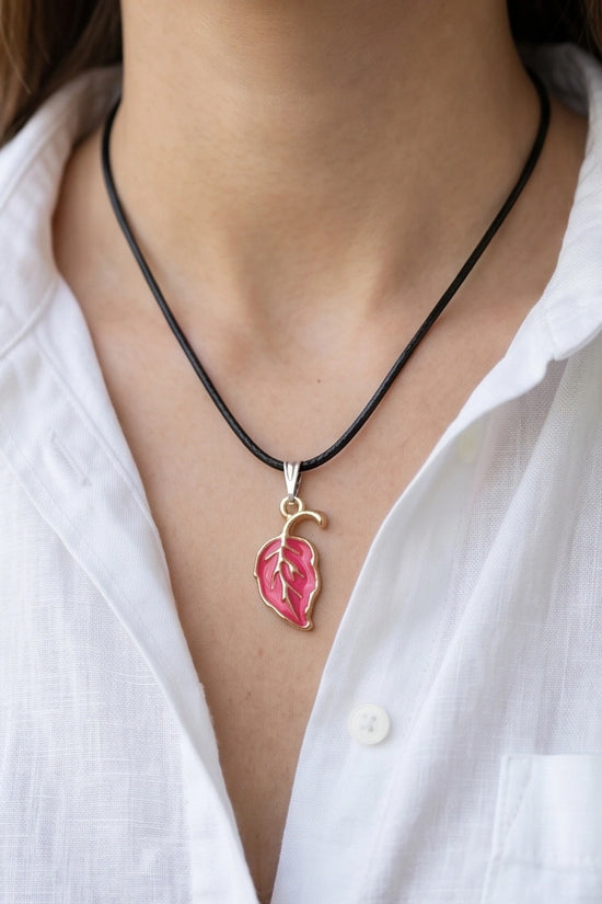 Gold and Pink Leaf Pendant Necklace