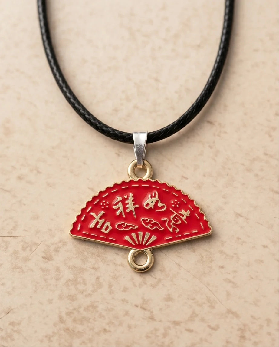 Traditional Red Folding Fan "Ji Xiang Ru Yi" Pendant Necklace