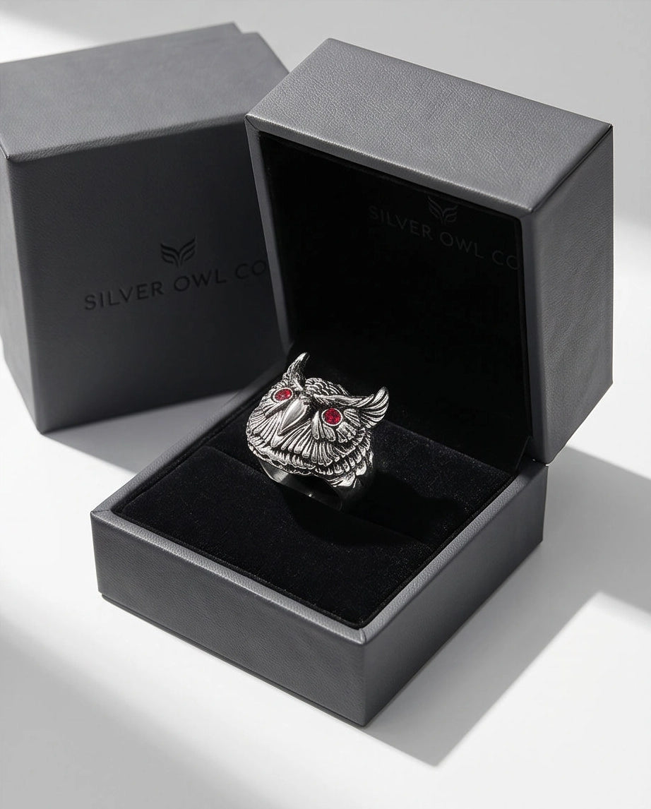 Red-Eyed Sculpted Owl Signet Ring