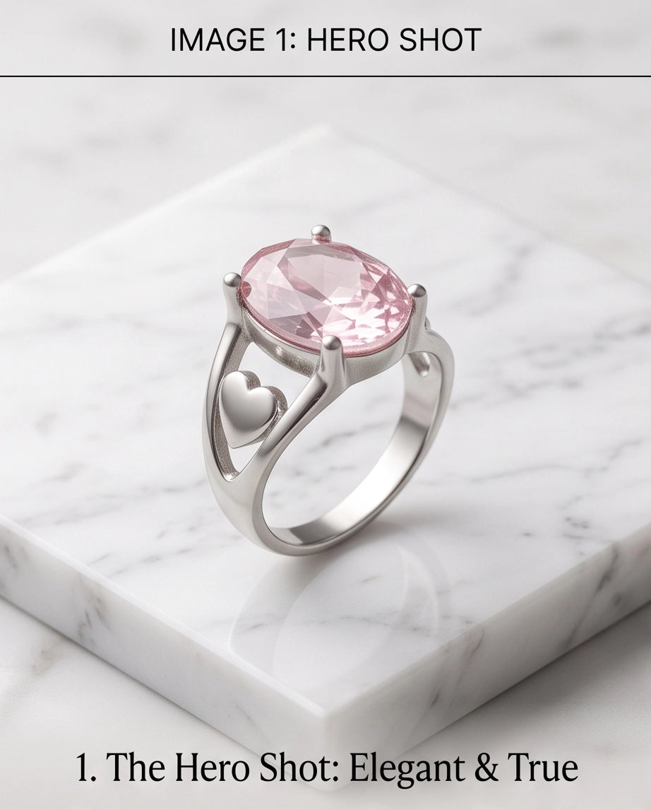 Silver Oval Pink Gemstone Heart Detail Solitaire Ring