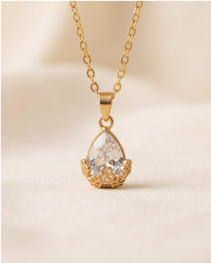 Gold Clear Teardrop Floral Basket Pendant Necklace