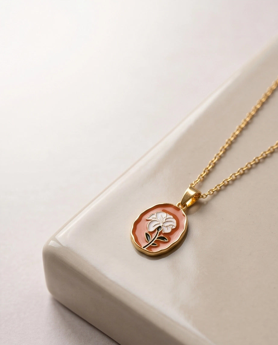 Gold Peach White Flower Enamel Medallion Chain Necklace
