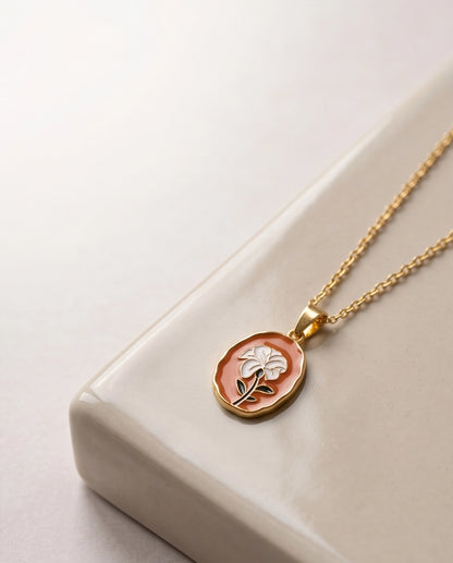 Gold Peach White Flower Enamel Medallion Chain Necklace