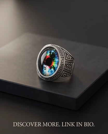 Cosmic Multi-Color Tie-Dye Cabochon Greek Key Silver Ring