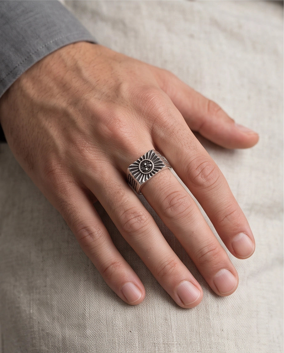 Celestial Sunburst Dark-Triple-Crystal Stippled Band Silver Ring