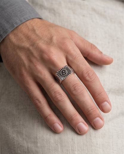 Celestial Sunburst Dark-Triple-Crystal Stippled Band Silver Ring