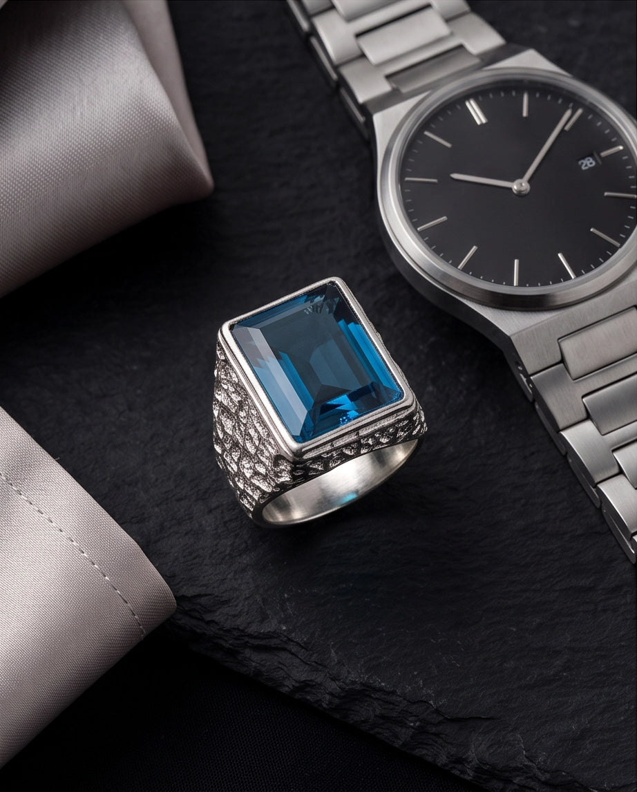 Ocean Blue Emerald-Cut Gemstone Stippled Silver Ring