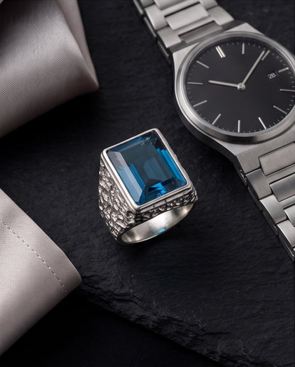 Ocean Blue Emerald-Cut Gemstone Stippled Silver Ring