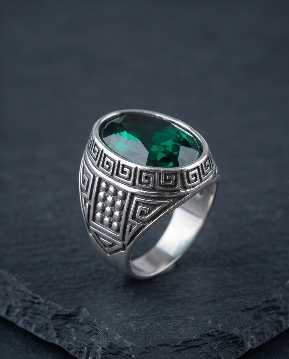 Emerald Gemstone Greek Key Bezel Studded Silver Ring