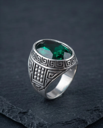 Emerald Gemstone Greek Key Bezel Studded Silver Ring