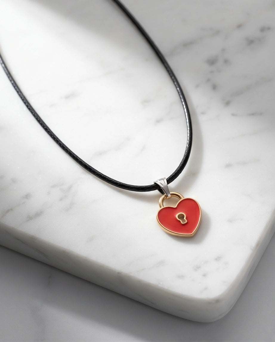 Gold and Red Heart Padlock Necklace
