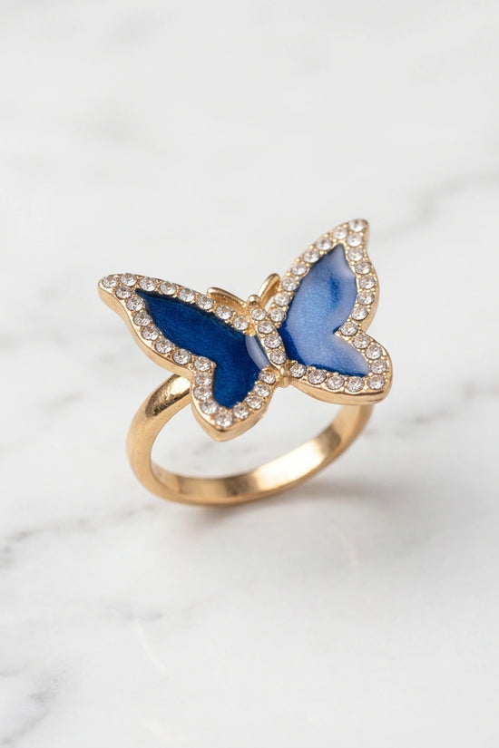 Gold Plated Royal Blue Enamel Butterfly Statement Ring