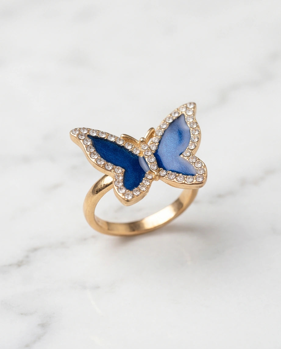 Gold Plated Royal Blue Enamel Butterfly Statement Ring
