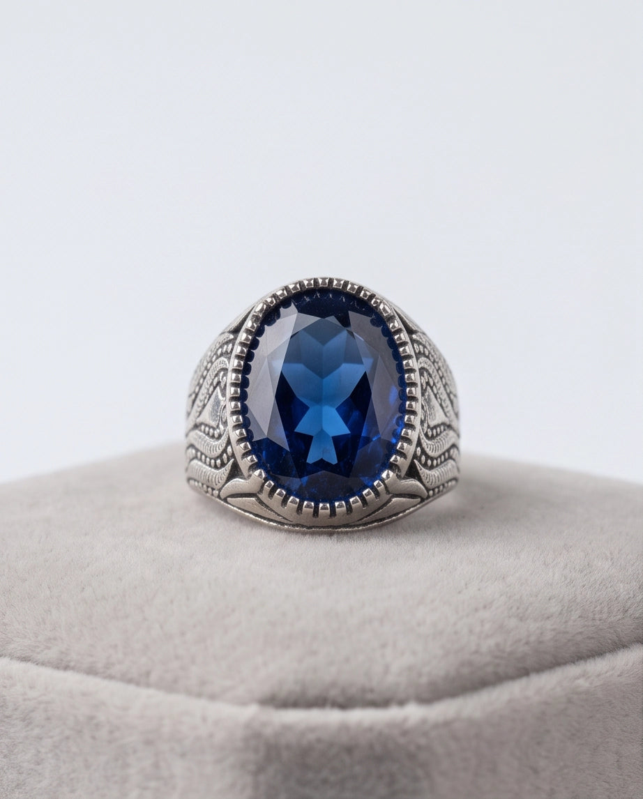 Sapphire Blue Oval-Cut Gemstone Beaded Bezel Textured Silver Ring