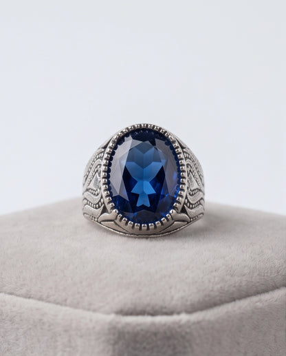 Sapphire Blue Oval-Cut Gemstone Beaded Bezel Textured Silver Ring