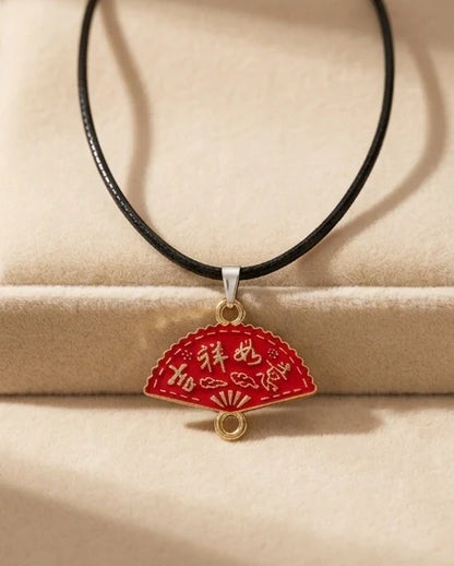 Traditional Red Folding Fan "Ji Xiang Ru Yi" Pendant Necklace