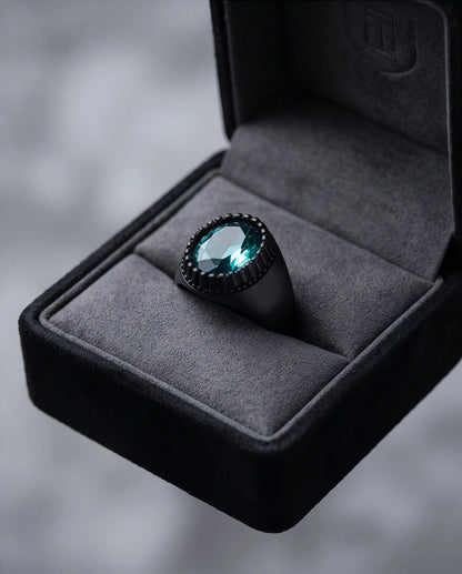 Matte Black Oval Teal Tourmaline Signet Ring