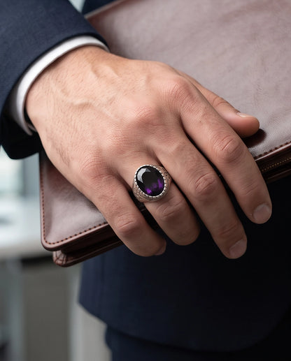 Amethyst Gemstone Notched Bezel Geometric Diamond Silver Ring