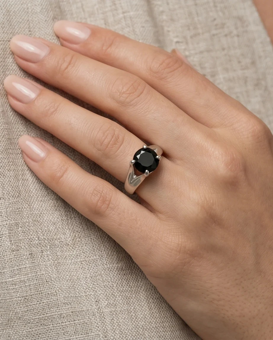Sterling Silver Celestial Star Black Solitaire Ring